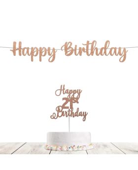 Glitter Rose Gold Happy 21st Birthday-Decoration for Birthday Party Supplies Combo (Banner&Cake Topper)