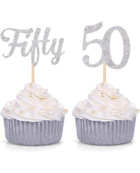 24 pcs Silver Glitter Fifty and Number 50 Age Cupcake Toppers 50th Birthday Celebrating Party Decorations