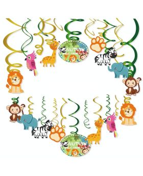 12 Caution Wild Animal Cut-out Swirl Hanging Decorations For Boy & Girl Baby Shower, Tribal Theme 1st Bday Favors Idea