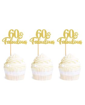  24 Pack 60 & Fabulous Cupcake Toppers Glitter 60th Anniversary cake picks 60th Birthday Wedding Party Cake Decorations Supplies Gold
