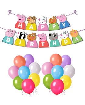 51Pcs Combo-2  Peppa Pig Happy Birthday Theme Decoration with Banner/Bunting, Balloons, & Ribbons For Kids Birthday Decoration