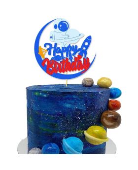 Astronaut on Moon Cake Topper "Happy Birthday" Galaxy Space Theme Cake Decorations for Kids Boys Girls Birthday Party - Red & Blue Glitter