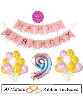 9th Birthday Decoration Combo 55pcs Decoration Item - Pink HBD Banner Rainbow Foil Balloons & Pink, White, Gold Balloons