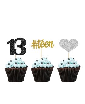 24 pcs- 13th Cupcake Toppers, 13th Birthday Anniversary Party, Thirteen Years Celebration Cupcake Picks (Gold, Black, Silver)