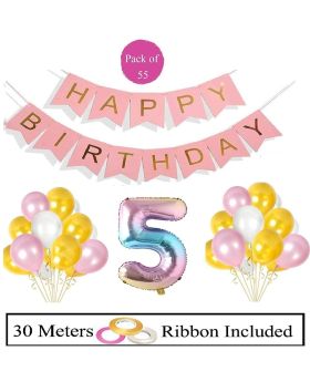 5th Birthday Decoration Combo 55pcs Decoration Item - Pink HBD Banner Rainbow Foil Balloons & Pink, White, Gold Balloons