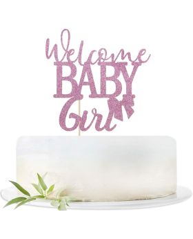 Glitter Pink Welcome Baby Girl Cake Topper-Girl Baby Shower Theme Party Decoration Supplies