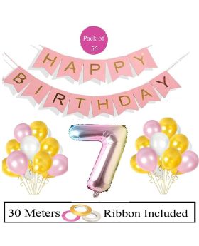 7th Birthday Decoration Combo 55pcs Decoration Item - Pink HBD Banner Rainbow Foil Balloons & Pink, White, Gold Balloons