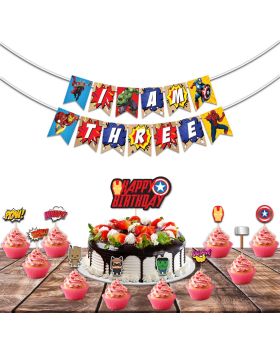 Festiko 12 Pcs Superhero Theme I Am Three Birthday Combo, Superhero Combo (Banner,Cake Topper,Cup Cake Toppers)
