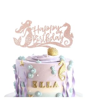1 Pc Mermaid Theme Happy Birthday Cake Topper with Seahorse Rose Gold Glitter, Under The Sea Cake Pick, Mermaid Theme Kids Birthday Party Decoration Supplies