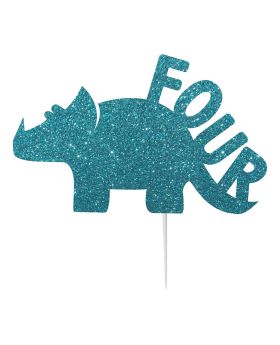 "Four" Dinosaur Light Blue Glitter Cake Topper For Kid's 4th Birthday Party Theme Jurassic world