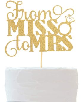 "From Miss to Mrs" Cake Topper with Ring- Gold Glitter For Bridal Shower, Bachelorette, Wedding, Engagement Cake Decoration