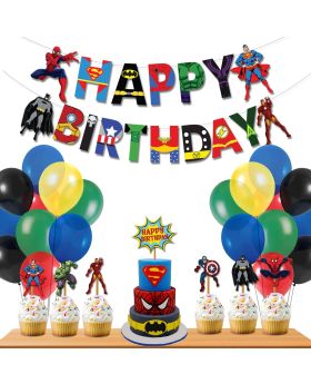 28Pcs Superhero Theme Combo for Avengers / Marvel Happybirthday Theme Party Decoration Combo,Avengers Party Favors for Kids Birthday Decoration (Banner/Bunting, Balloons, Cake Toppers, Cup Cake Topper, Ribbons)