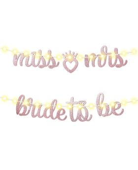 6Pcs Bachelorette Banner With LED String Lights & Foil Curtains of "Bride to Be", "Miss Mrs."- Rose Gold Glitter For Wedding Bridal Shower & Bachelorette Party Celebration