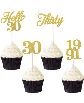 48 Pieces Gold Glitter 30th Birthday Cupcake Toppers Thirty Anniversary Party Cake Toppers Hello 30 Birthday Cake Decorations for 30th Anniversary Birthday Party Wedding Decorations