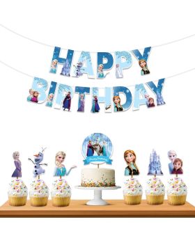 8 pcs- Frozen Theme combo, Birthday Party Decoration supplies (Banner/Bunting, Cake Toppers, Cup Cake Toppers, Ribbons)