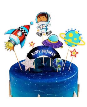 7 Pack Space Theme Happy Birthday Cake Topper Astronaut Rocket for Child Birthday Party Decoration