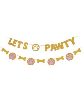 Festiko® Gold Glittery Lets Pawty Puppy Girls Birthday Banner Pet Adoption Party Supplies Doggie Bone Photo Props - 2 Strands