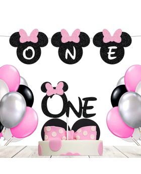 Festiko®One Minnie Mouse Mickey Mouse Party Decoration (52 pcs), Black Pink Glitter Bow 1st Birthday 1 Years/Month Old Baby Girls Party Decorations Supplies Combo (Banner,Cake Topper&Balloons)