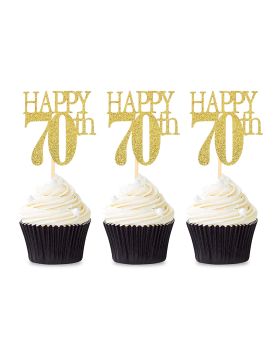 24 Pieces Gold Glitter Number 70 Birthday Cupcake Toppers, Happy 70th Cupcake Picks Mini Cake Decorations for 70 Years Old Birthday Anniversary Party Supplies