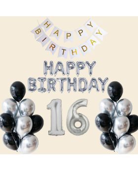 Sliver 16th HBD Combo 23 Pcs (Happy Birthday Foil Balloons, Banner, Number foil Balloons & Latex Balloons For 16th Birthday Party Decoration