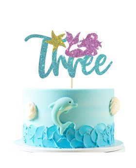 3rd Birthday Mermaid theme Cake Topper, Ocean Under The Sea Theme Party Supplies- Glitter