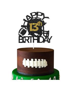 Black & Gold Glitter Football Happy 13th Birthday Cake Topper for Theme Happy 13th Birthday Party Decoration