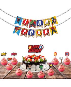 Festiko 12 Pcs Superhero Theme I Am Four Birthday Combo, Superhero Combo (Banner,Cake Topper,Cup Cake Toppers)