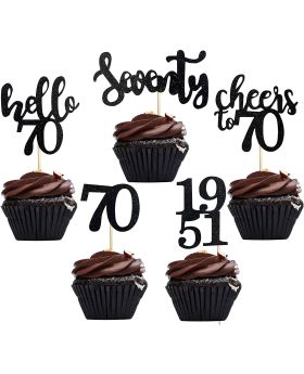 40 PCS  Black Glitter 70th Birthday Cupcake Toppers Set for 70th Birthday Celebrating Party Decorations