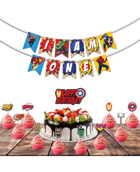 Festiko 12 Pcs Superhero Theme I Am One Birthday Combo, Superhero Combo (Banner,Cake Topper,Cup Cake Toppers)