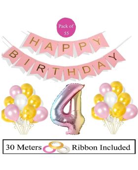 4th Birthday Decoration Combo 55pcs Decoration Item - Pink HBD Banner Rainbow Foil Balloons & Pink, White, Gold Balloons