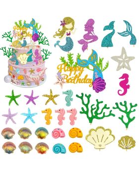39 PCS Mermaid Cupcake Toppers, Glitter Mermaid Theme Birthday Cake Topper with Starfish Conch Seahorse Shell and Seaweed for Birthday Decoration, Mermaid Cake Decorations
