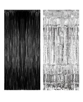 Festiko® Black & Silver Foil Curtain Pack of 2 for Birthday, Anniversary, Marriage, Bachelorette, Halloween Decoration,Party Supplies,Party Decoration