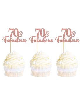 24 Pack 70 & Fabulous Cupcake Toppers Glitter 70th Anniversary cake picks 70th Birthday Wedding Party Cake Decorations Supplies Rose Gold