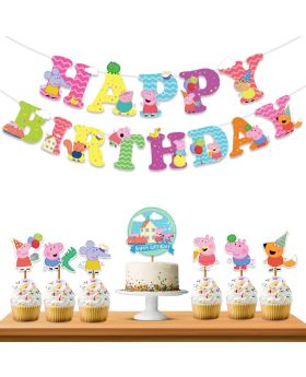  8Pcs Combo Peppa Pig with Banner/Bunting, Cake Toppers, Cupcake Topper& Ribbons For Kid's Birthday Celebration