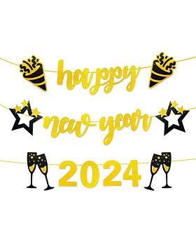 Festiko® Gold Glitter Happy New Year 2023 Banner, New Years Eve Party Supplies 2023, New Years Eve Party Decorations for Home Office Fireplace Mantle