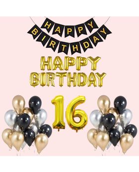 Gold 16th HBD Combo 23 Pcs (Happy Birthday Foil Balloons, Banner, Number foil Balloons & Latex Balloons For 16th Birthday Party Decoration