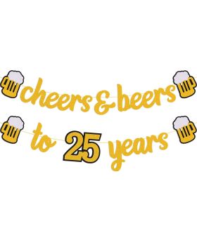 Cheers to 25 Years Banner 25th Birthday Decorations for Men Women Him Her 25s Happy Birthday Theme Wedding Anniversary Party Supplies Gold Sparkle Decorations 
