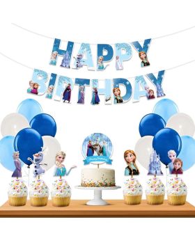28 pcs- Frozen theme combo, Kids Birthday Decorations (Banner/Bunting, Balloons, Cake Toppers, Cup Cake Toppers, Ribbons)