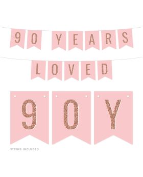 Blush Pink with Faux Rose Gold Glitter Birthday Party Banner Decorations, 90 Years Loved, Approx 5-Feet, 1-Set, 90th Birthday Milestone Colored Hanging Pennant Decor Supplies