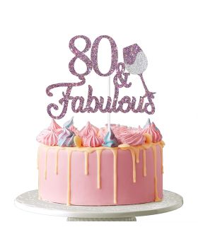 80 & Fabulous Cake Topper - Happy 80th Birthday Cheers to 80 Years Cake Topper Purple Glitter