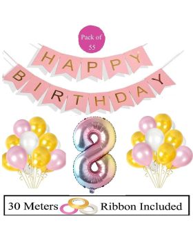 8th Birthday Decoration Combo 55pcs Decoration Item - Pink HBD Banner Rainbow Foil Balloons & Pink, White, Gold Balloons