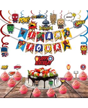 Festiko 36 Pcs Superhero Theme I Am Four Birthday Combo, Superhero Combo (Banner,Swirls,Cake Topper,Cup Cake Toppers)