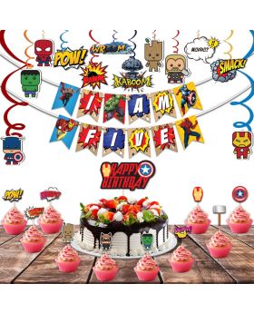 Festiko 36 Pcs Superhero Theme I Am Five Birthday Combo, Superhero Combo (Banner,Swirls,Cake Topper,Cup Cake Toppers)