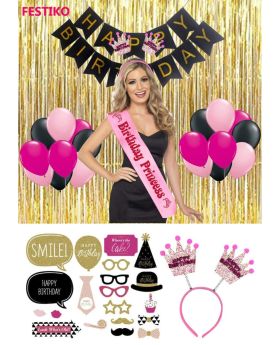 50 pcs- Princess Theme Birthday combo (banner, sash, headband, foil curtain, photo booth props, Multicolor Balloons)
