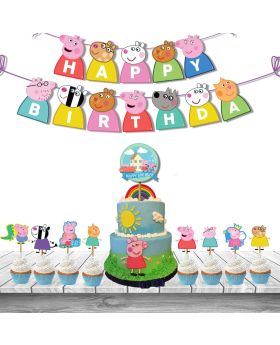9Pcs Peppa Pig Theme Birthday Party Decoration Combo-3 with Banner/Bunting, Cake Toppers, Cupcake Topper & Ribbons For Kids Birthday Decoration