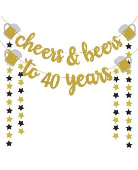 40th Birthday Decorations for Men / Women - 40th Birthday Gifts - Cheers & Beers to 40 Years Gold Glitter Banner - 40th Anniversary Decorations for Party, 40th Wedding Party Supplies for Couple