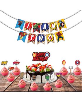 Festiko 12 Pcs Superhero Theme I Am Two Birthday Combo, Superhero Combo (Banner,Cake Topper,Cup Cake Toppers)