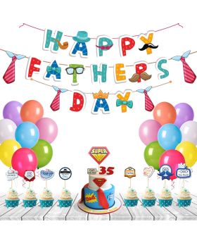Father's Day 30Pcs Combo Banner/Bunting, Balloons, Cake Topper, Cup Cake Toppers & Ribbons for Father's Day & Super Dad Theme Birthday Party Decoration