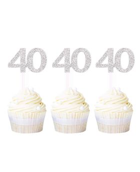 24 pcs- Number 40 Cupcake Toppers, Silver Glitter Cupcake Picks, Anniversary Party Decoration Supplies 