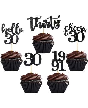 40 PCS Black Glitter 30th Birthday Cupcake Toppers Set for 30th Birthday Celebrating Party Decorations